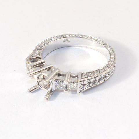 14kt White Gold Engraved Semi Mount with 4 Princess cut side Diamonds