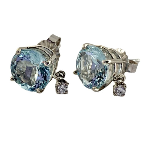 14kt Round Aquamarine Stud Earrings with Diamond Dangle