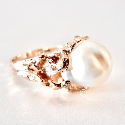 Baroque White Pearl set in a 14kt Organic Ring with Diamonds