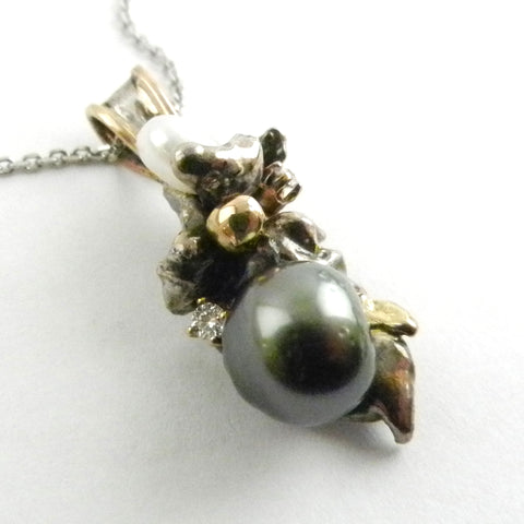 Tahitian Pearl and Oval White Pearl Orbit Pendant with Diamond