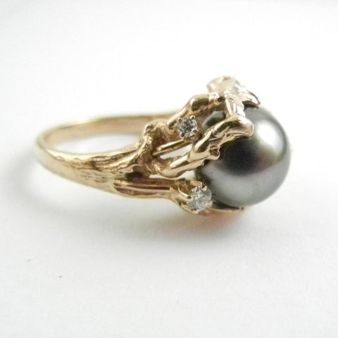 Fancy Tahitian Pearl set in 14kt Yellow Gold Organic Setting w/Diamonds