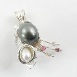 Orbit Pendant with 2 Pearls 5 Diamonds and 2 Ruby