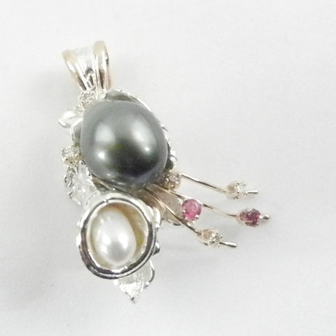 Orbit Pendant with 2 Pearls 5 Diamonds and 2 Ruby