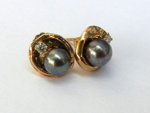 Tahitian Pearl, 14K Gold, and Diamond Earrings