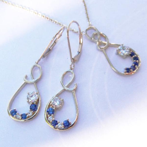 14kt Yellow Gold Diamond & Sapphire Pendant & Earrings Set