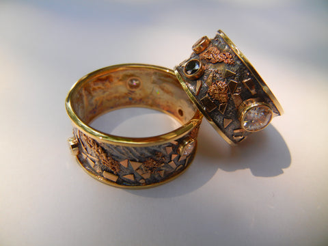 Gold and Silver Ring Set Reticulated with Multiple Diamonds and Stones