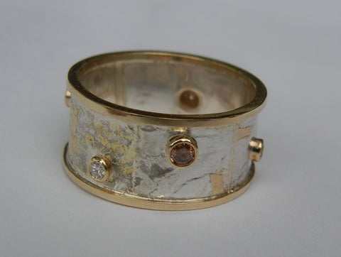 10mm Reticulated Silver and Gold Moonscape ring with 5 Gemstones Made to Order