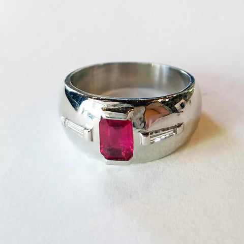 Platinum Band with Emerald Cut Ruby and Diamonds