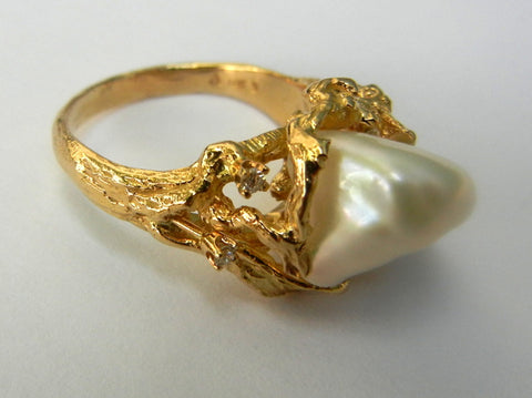 Fancy Pearl, 14K Gold, and Diamond Ring