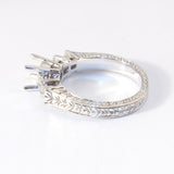 14kt White Gold Engraved Semi Mount with 4 Princess cut side Diamonds