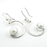 Silver Quarter Moon Dangle Earrings with Pearl