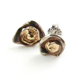 Custom design stud earrings with free-form 'puddles' of 14K gold and sterling silver