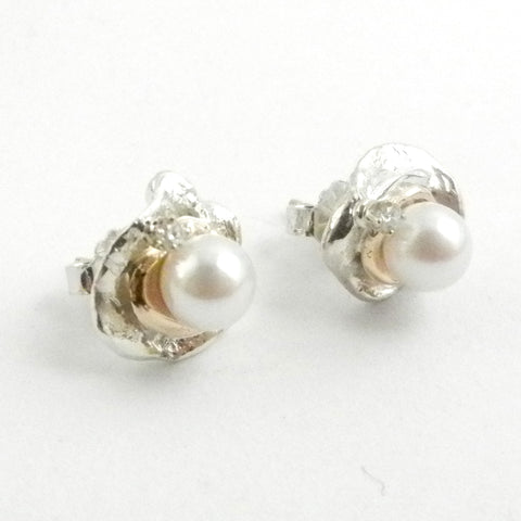 Custom design 14K gold and silver earrings with Akoya pearls and diamonds.