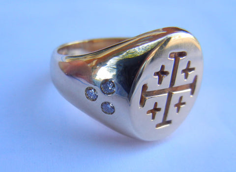 Engraved Cross & Diamond Signet Ring