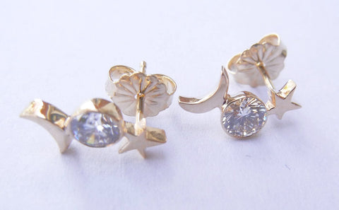 14kt Yellow Gold & Diamond Stars & Moon Post Earrings
