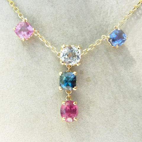 14kt Yellow Gold Multi Stone Chain with 3 Stone Center Attached Pendant