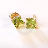 Elevate your outfit with these gold stud earrings custom made with princess cut peridot and 14 kt yellow gold.