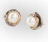 Custom design 14K gold and silver earrings with Akoya pearls and diamonds.