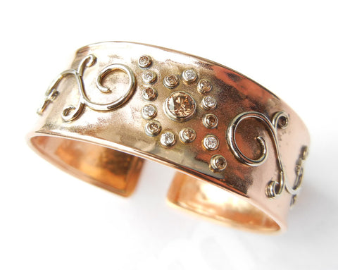 Rose Gold Cuff With Yellow Gold Scroll and Diamonds